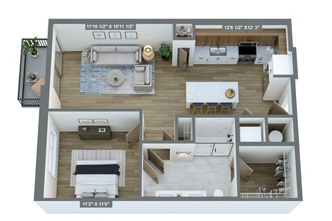 a 3d floor plan of a house with a bedroom and a living room